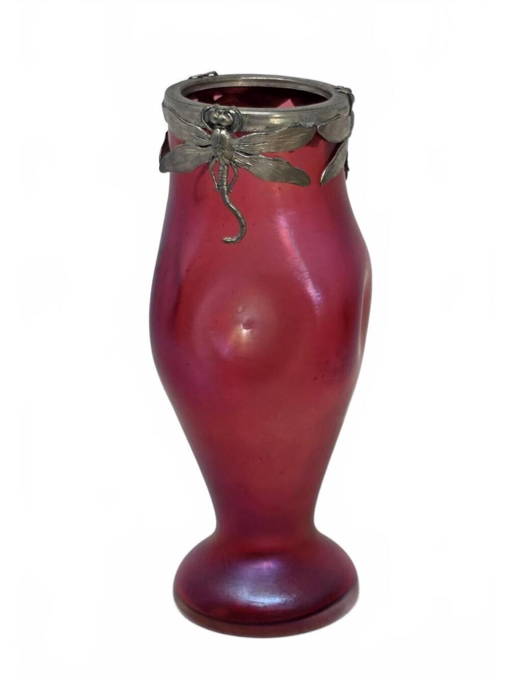 Antique Bohemian Iridescent Glass Vase Dragonfly Metal Collar c1900